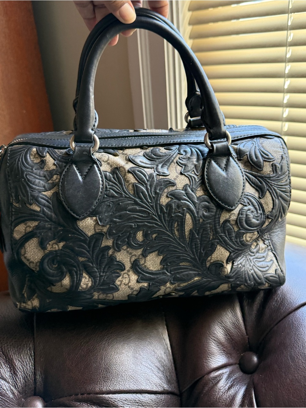 Gucci Preloved Black GG Supreme Arabesque Tooled Floral Leather Accent Satchel - Picture 1 of 17